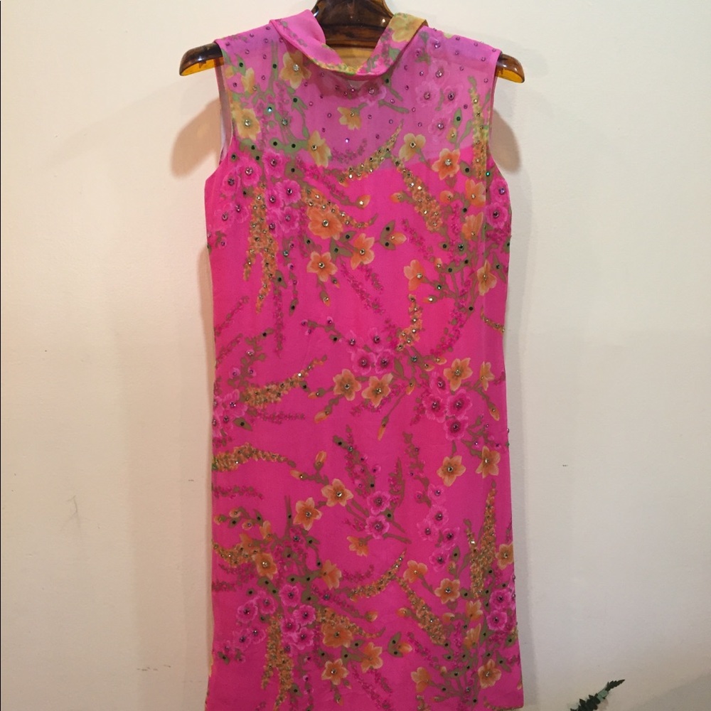 VINTAGE Fully Rhinestone Dress Floral Print Lined